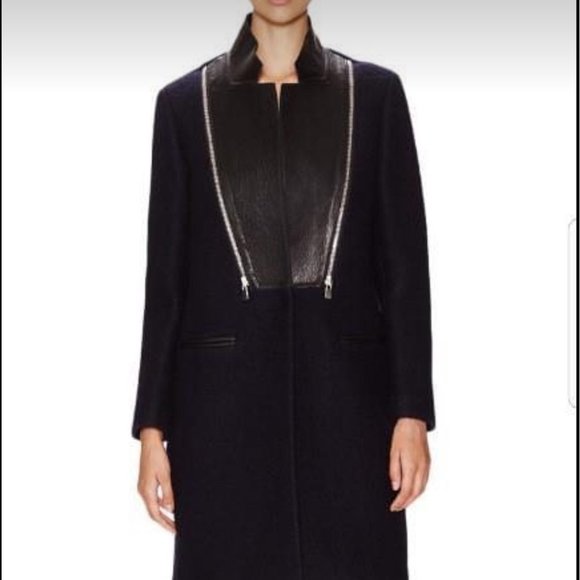 SANDRO Blue Wool Blend Coat Leather Zip Collar - Picture 8 of 8